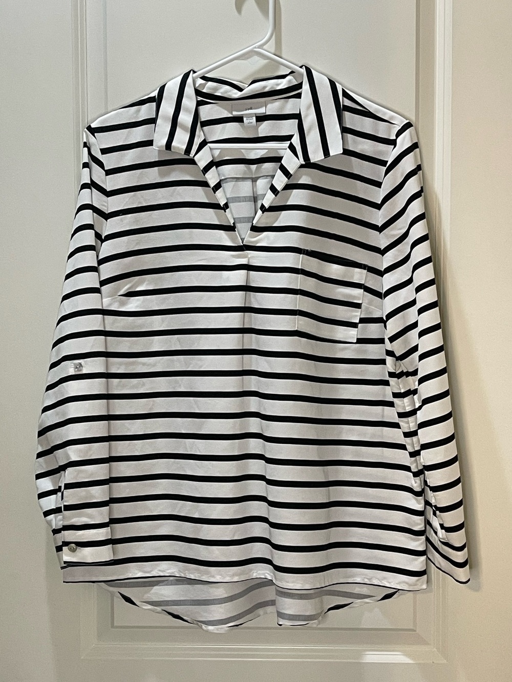 J. Jill Black and White Striped Shirt Nautical Roll Tab Sleeves LP